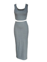 Striped Print 2pc Set Tank Top & Split Skirt Outfit Women's Clothing