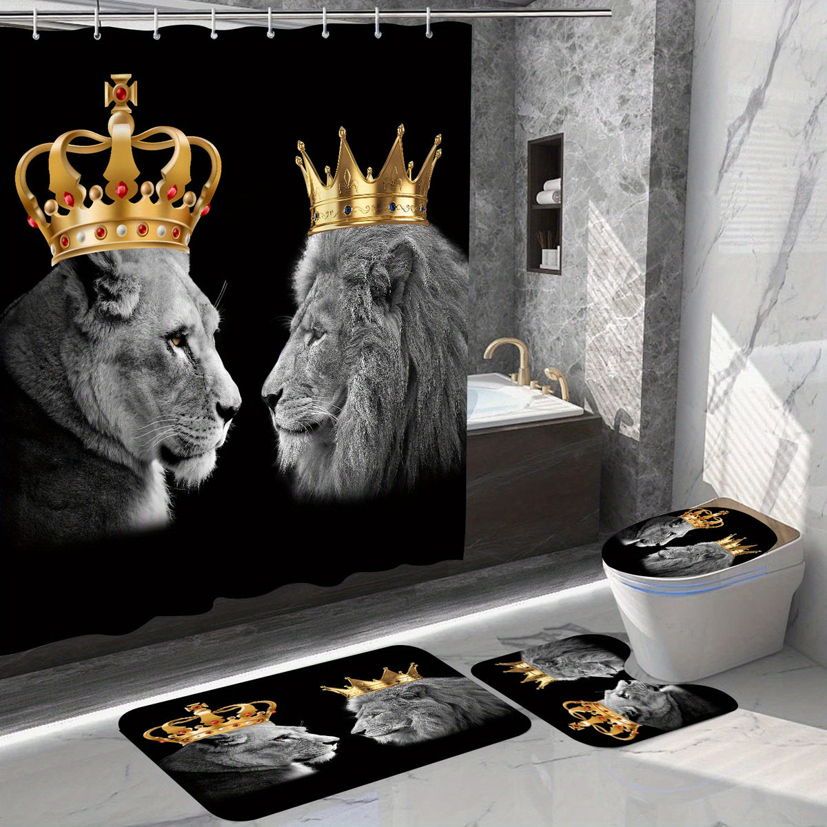 4pcs Lion Couple Bathroom Set Waterproof Shower Curtain With 12 Hooks