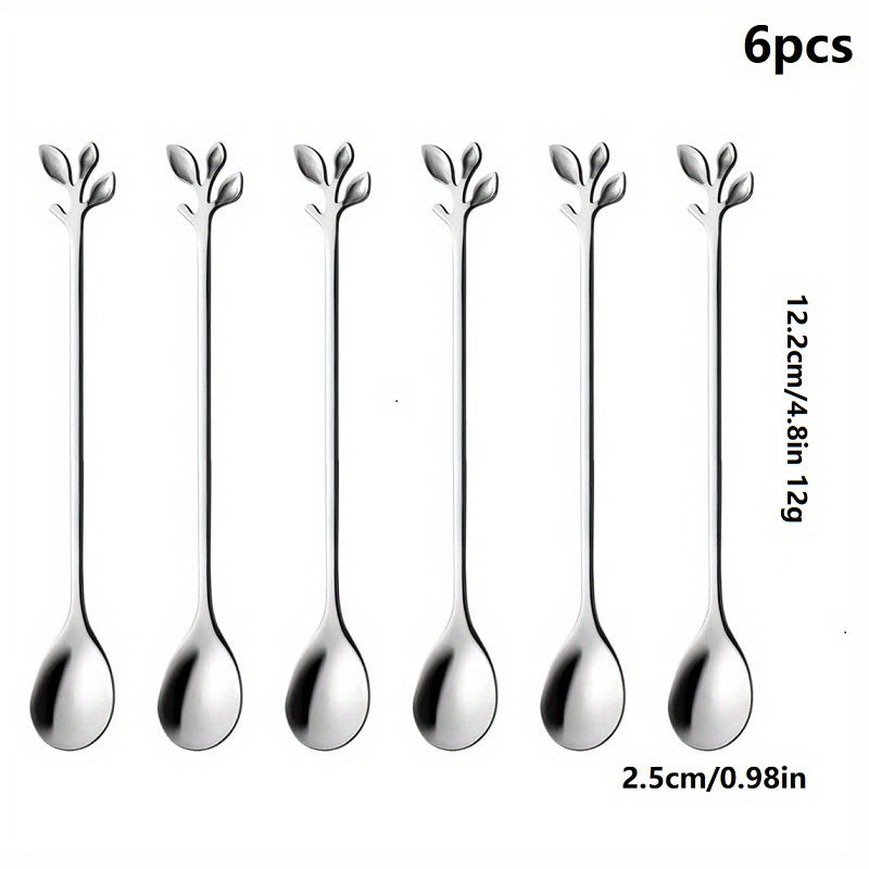 6pcs Stainless Steel Leaf Handle Dessert Spoon Fork Set