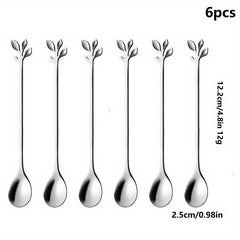 6pcs Stainless Steel Leaf Handle Dessert Spoon Fork Set
