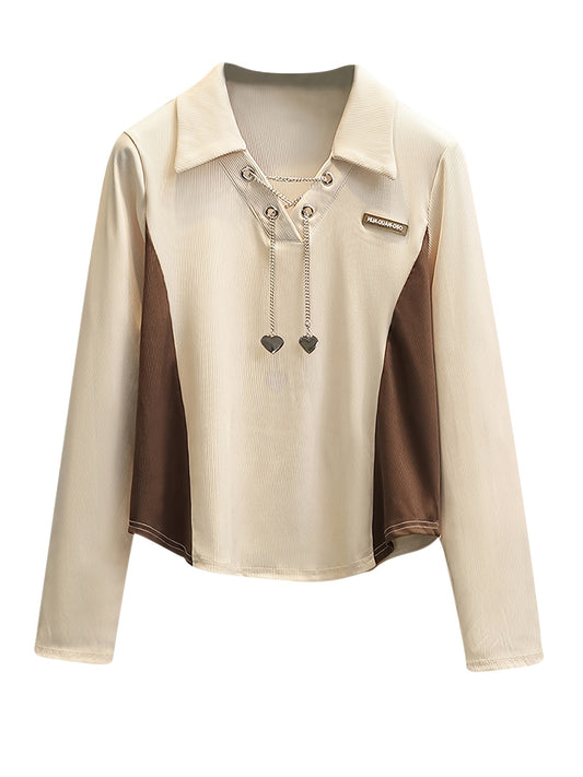  Colorblock Ribbed Metal Chain Heart Decor Long Sleeve Top