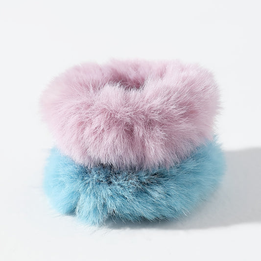 2pcs Pom Pom Hair Tie Fuzzy Scrunchies Faux Rabbit Fur Elastic Hair Bobbles