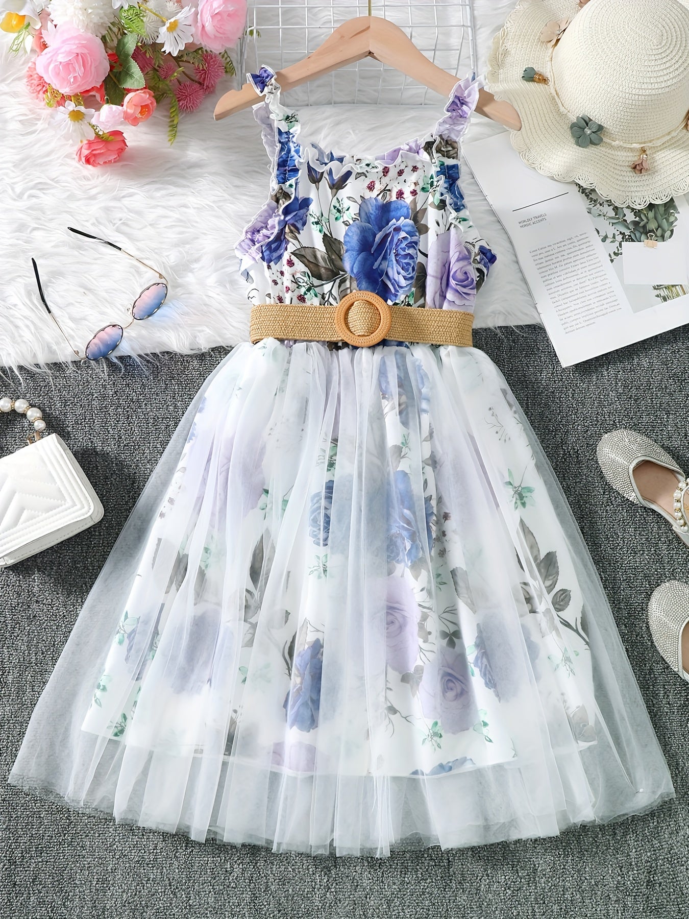 Girls Floral Print Mesh Tulle Cami Dress with Belt