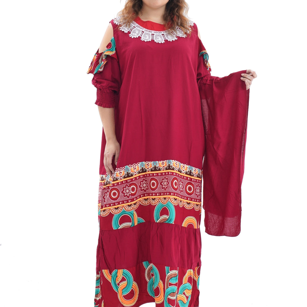  Geometric Print Kaftan Dress Set with 2pcs Hijab