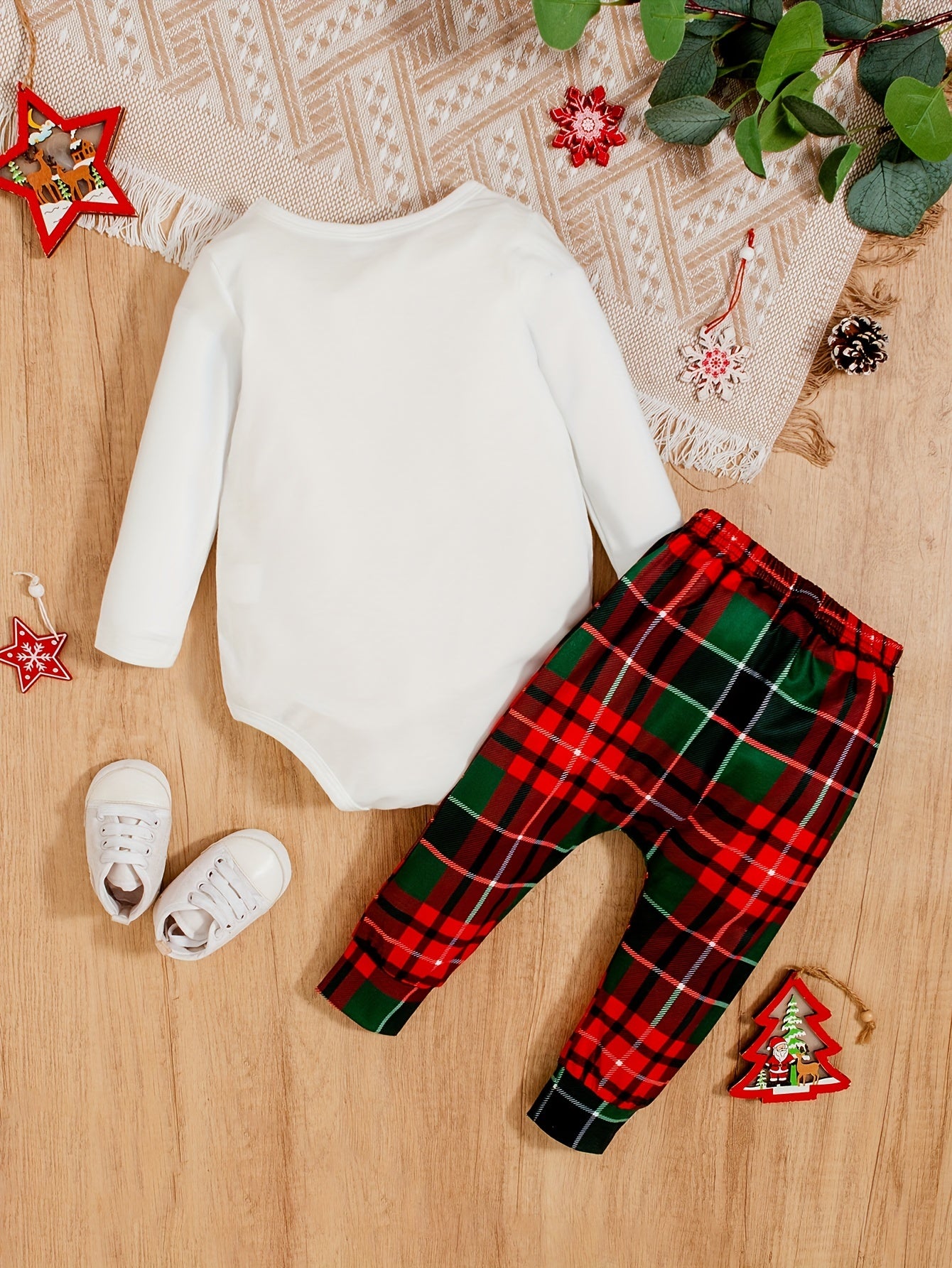 2pcs Baby Boys Christmas Elk Onesie Top and Plaid Footed Trousers Set