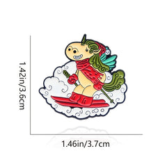 Winter Ski Sled Unicorn Red Scarf Horse Cartoon Brooch