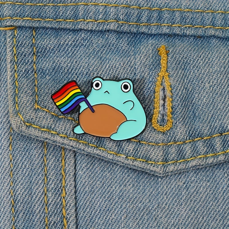 Frog Pattern Brooch with Colorful Flag Electroplating Pin