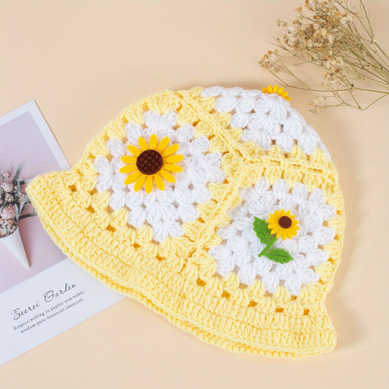 Sunflower Decor Block Beanie Crochet Bucket Hat Hollow Breathable Cloche