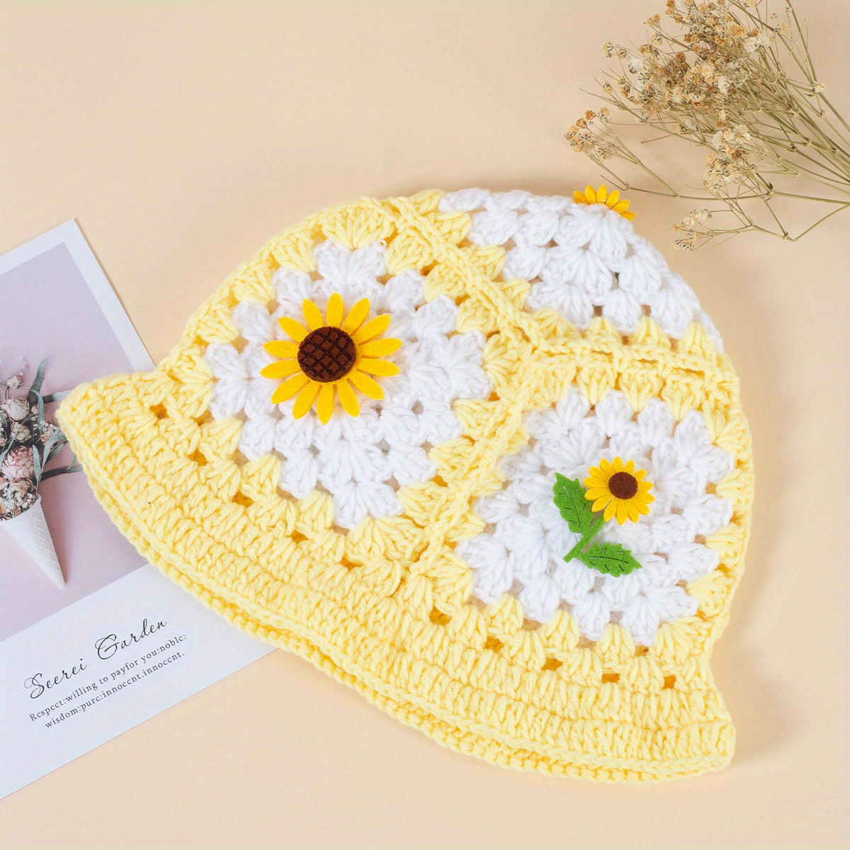 Sunflower Decor Block Beanie Crochet Bucket Hat Hollow Breathable Cloche