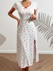 Heart Print NightDress Short Sleeve Split Pajama Dress