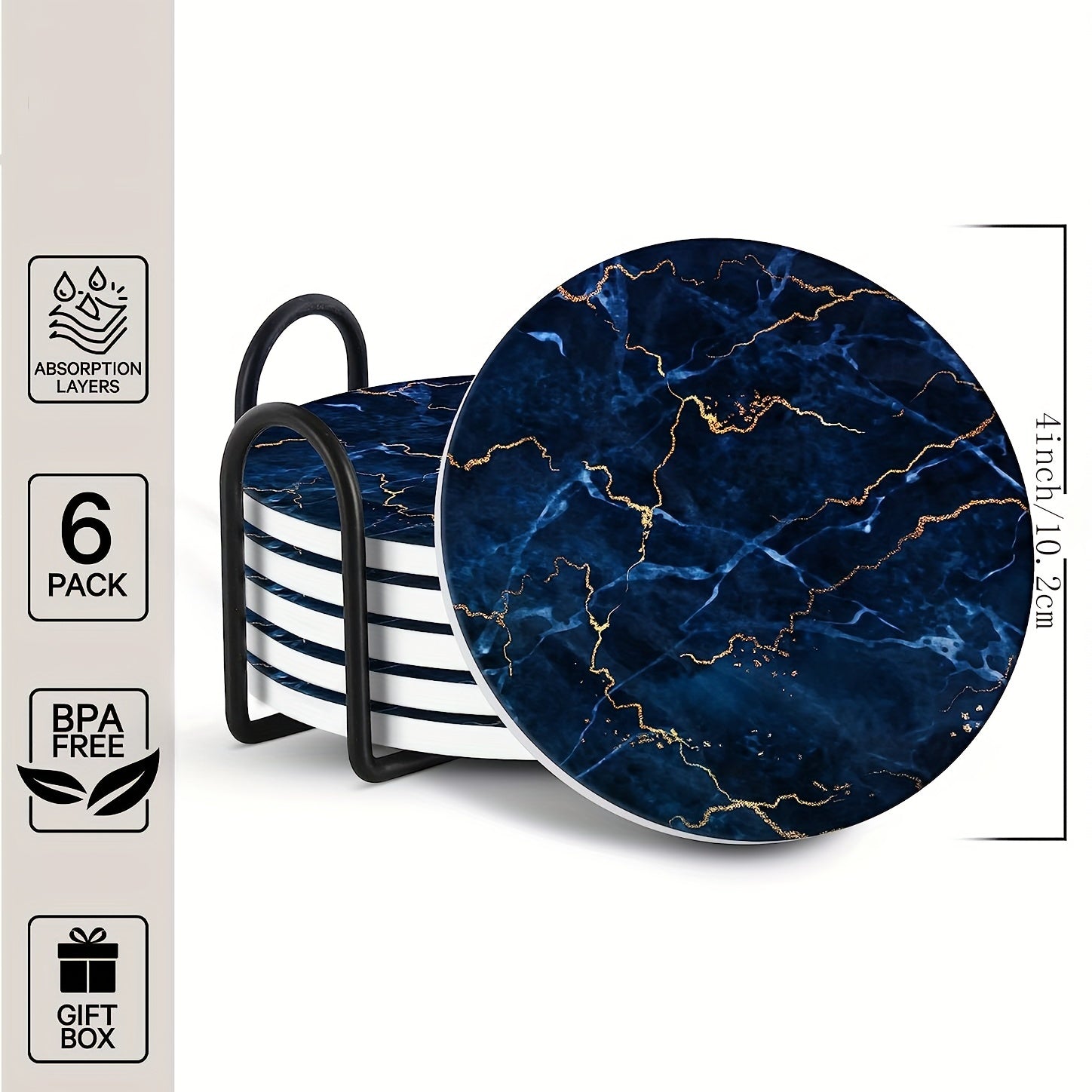 Marble Print Coasters w/ Holder Golden Cup Mats Insulated Drinkware Accessories