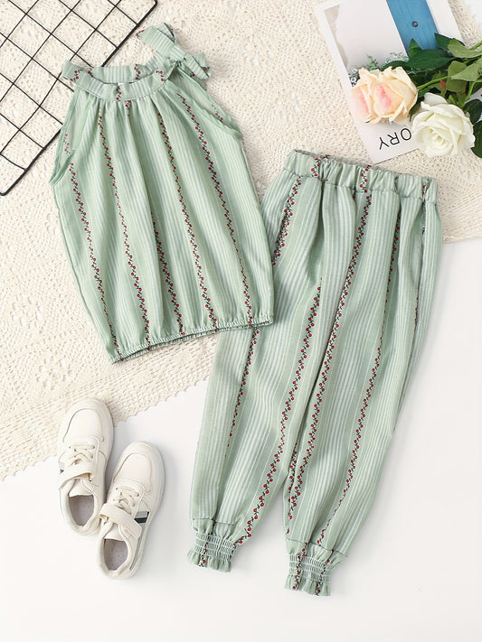 Girls' Floral Cotton Sleeveless Tank Top & Pants Set For Daily Outwear