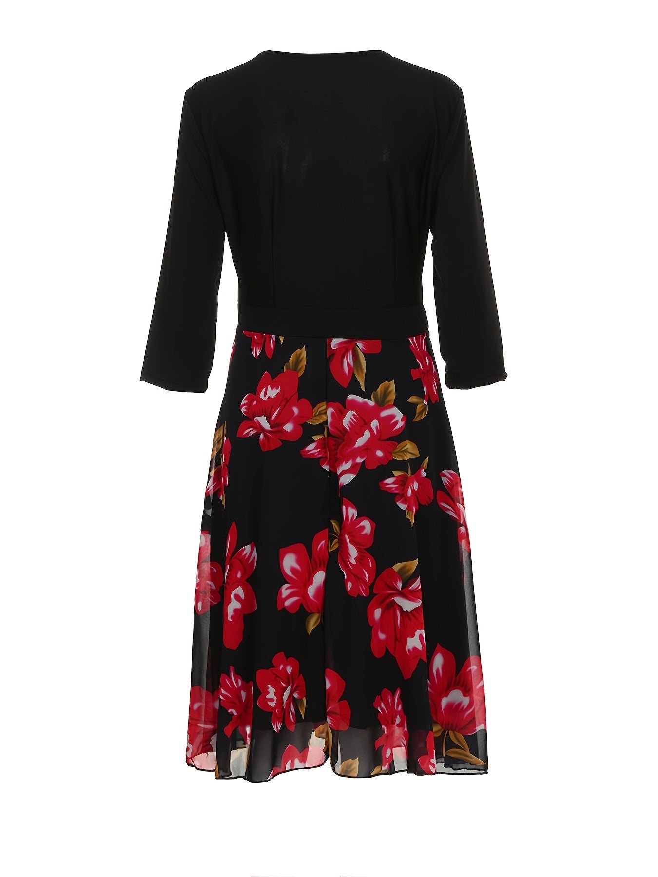 Plus Size Casual Dress Women's Plus Contrast Mesh Floral Print Midi Dress