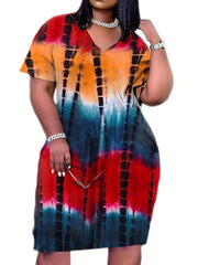 Tie Dye Short Sleeve V Neck Stretch Dress