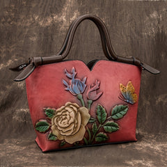 Vintage Red Leather Women's Handbag with Floral Embossing