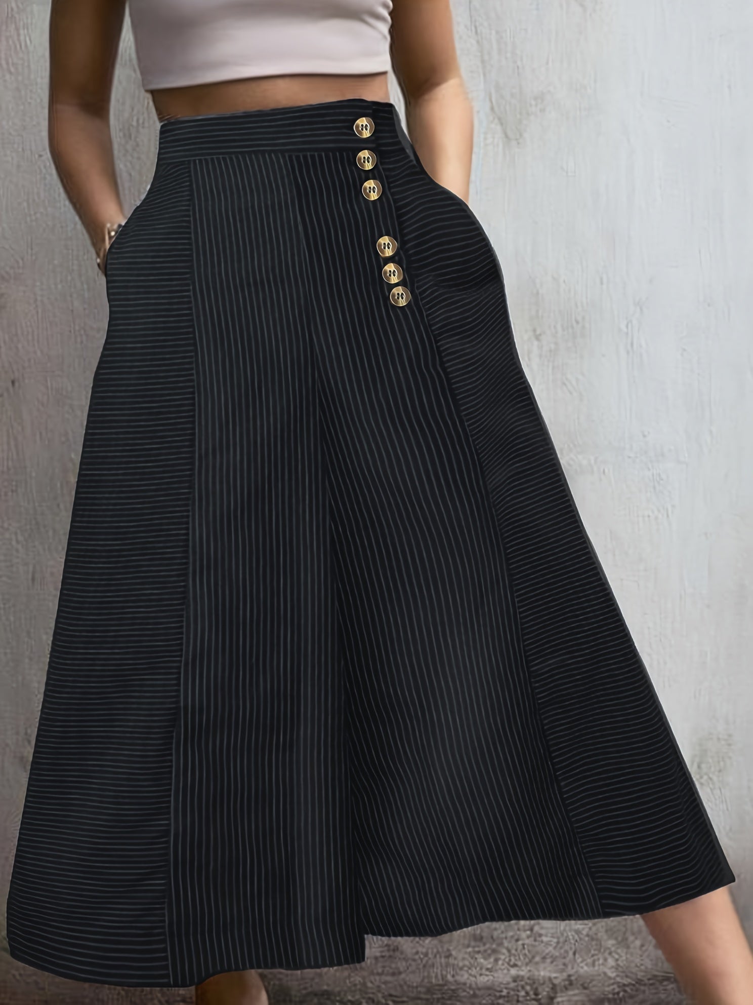  Stripe Print Wide Leg Button Up Loose Pants