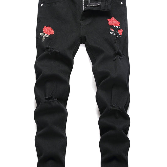 Boys Rose Print Ripped Jeans Skinny Denim Pants