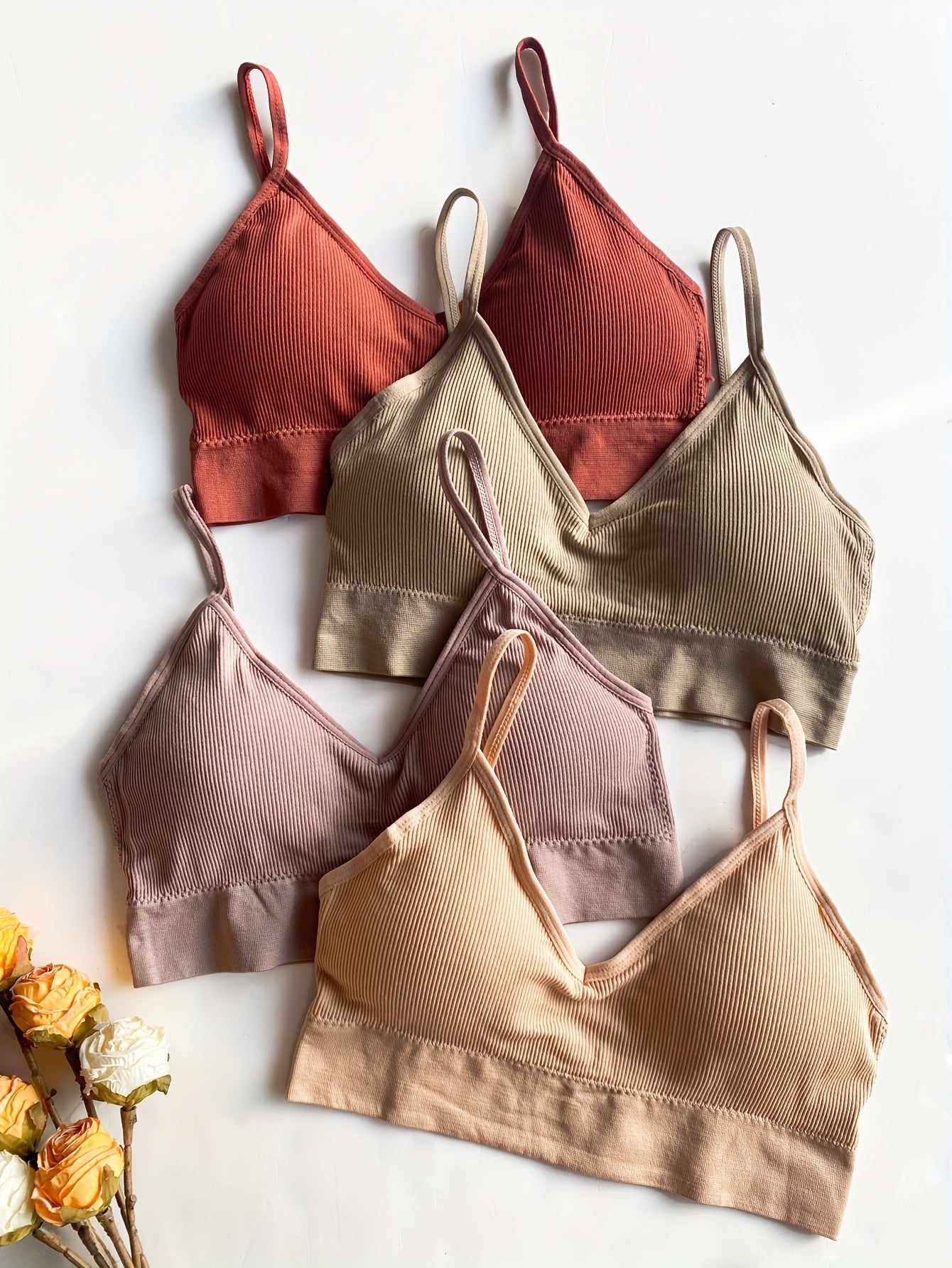 4pcs Solid Ribbed Wireless Bras Comfy & Breathable Sports Bra Women's