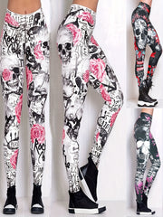 Skull and Flower Printed Leggings for Women