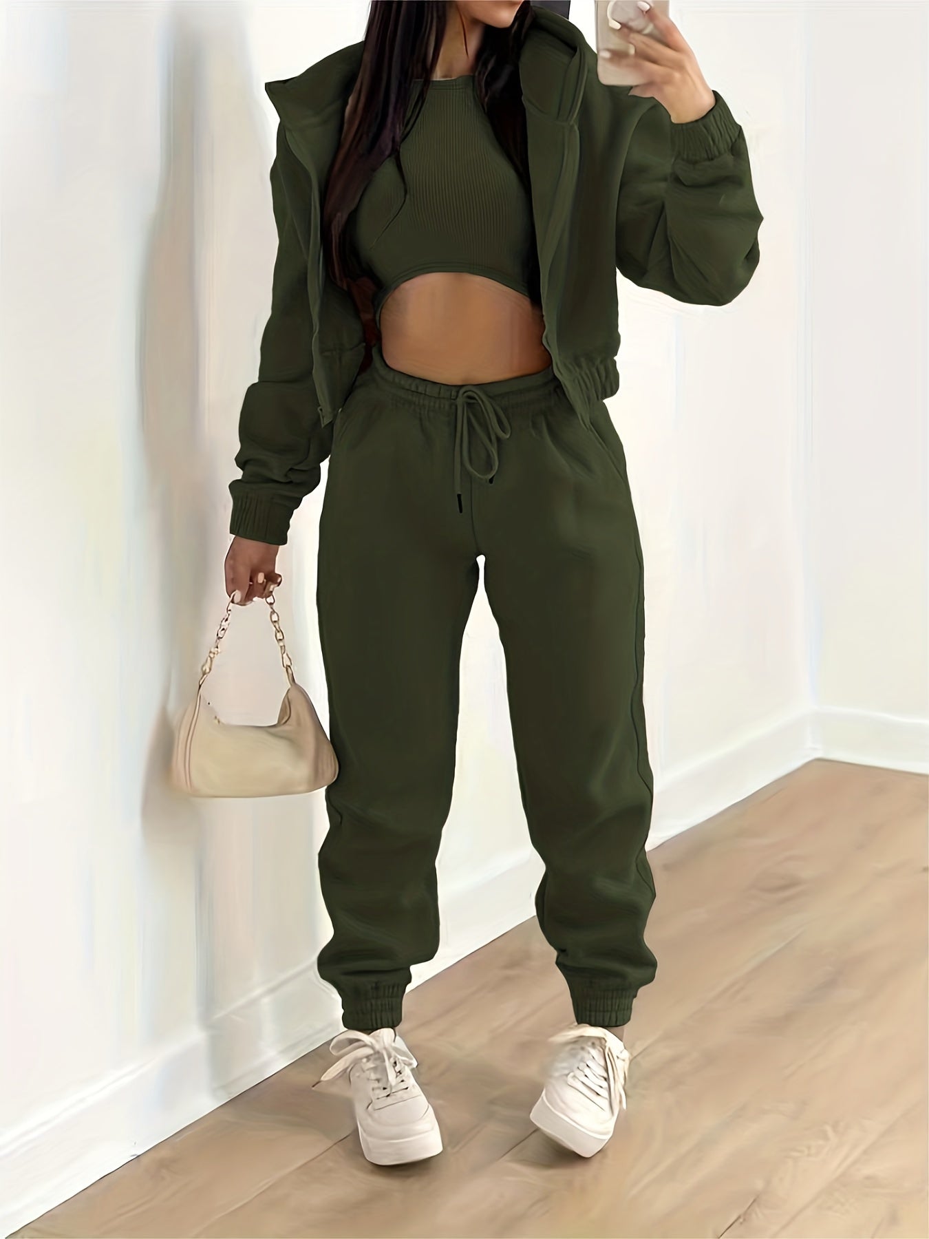 Casual 3pc Set Hooded Jacket, Tank Top, Jogger Pants
