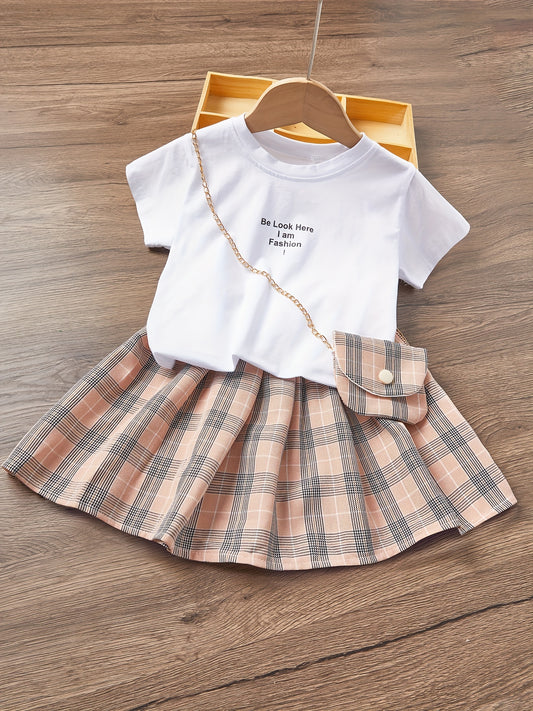 Toddler Girls Top And Plaid Skirt Set With Bag Kids Clothes