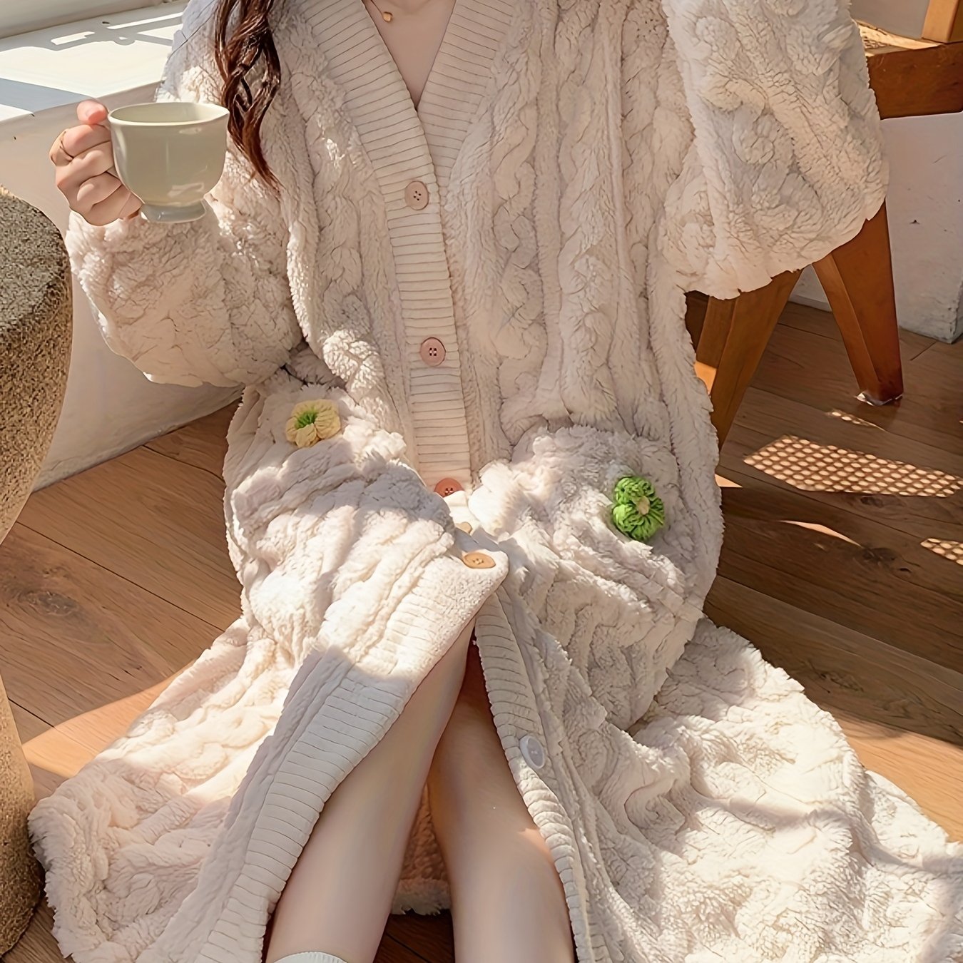 Floral Decor Fuzzy Night Robe Long Sleeve V Neck Buttons Robe With Pockets
