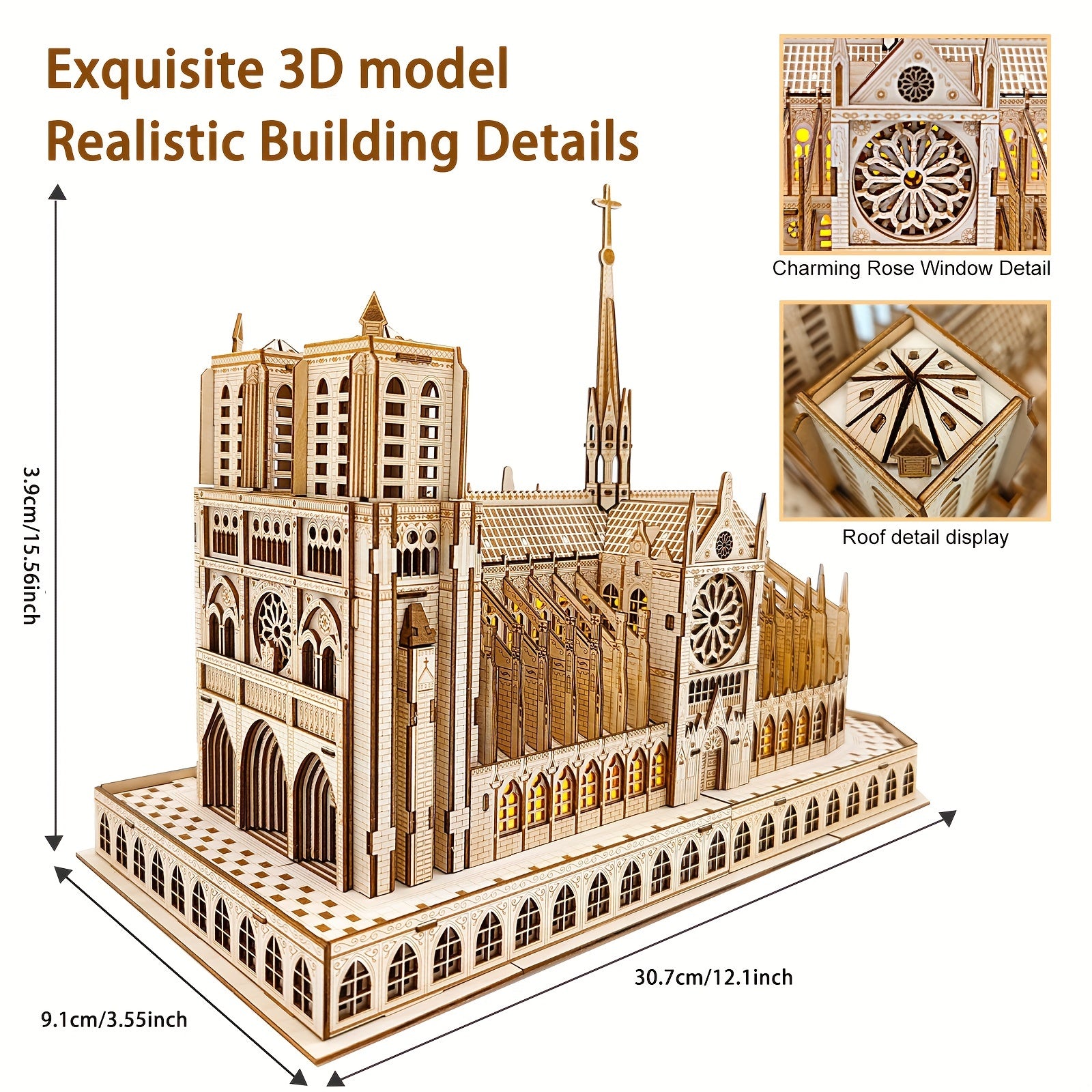 3D Wooden Puzzle Notre Dame Cathedral Model Kit with LED - DIY Brain Teaser Game