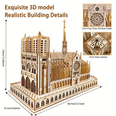 3D Wooden Puzzle Notre Dame Cathedral Model Kit with LED - DIY Brain Teaser Game