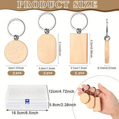 24pcs Wooden Keychain Billets Unprocessed DIY Key Chains with Storage Box
