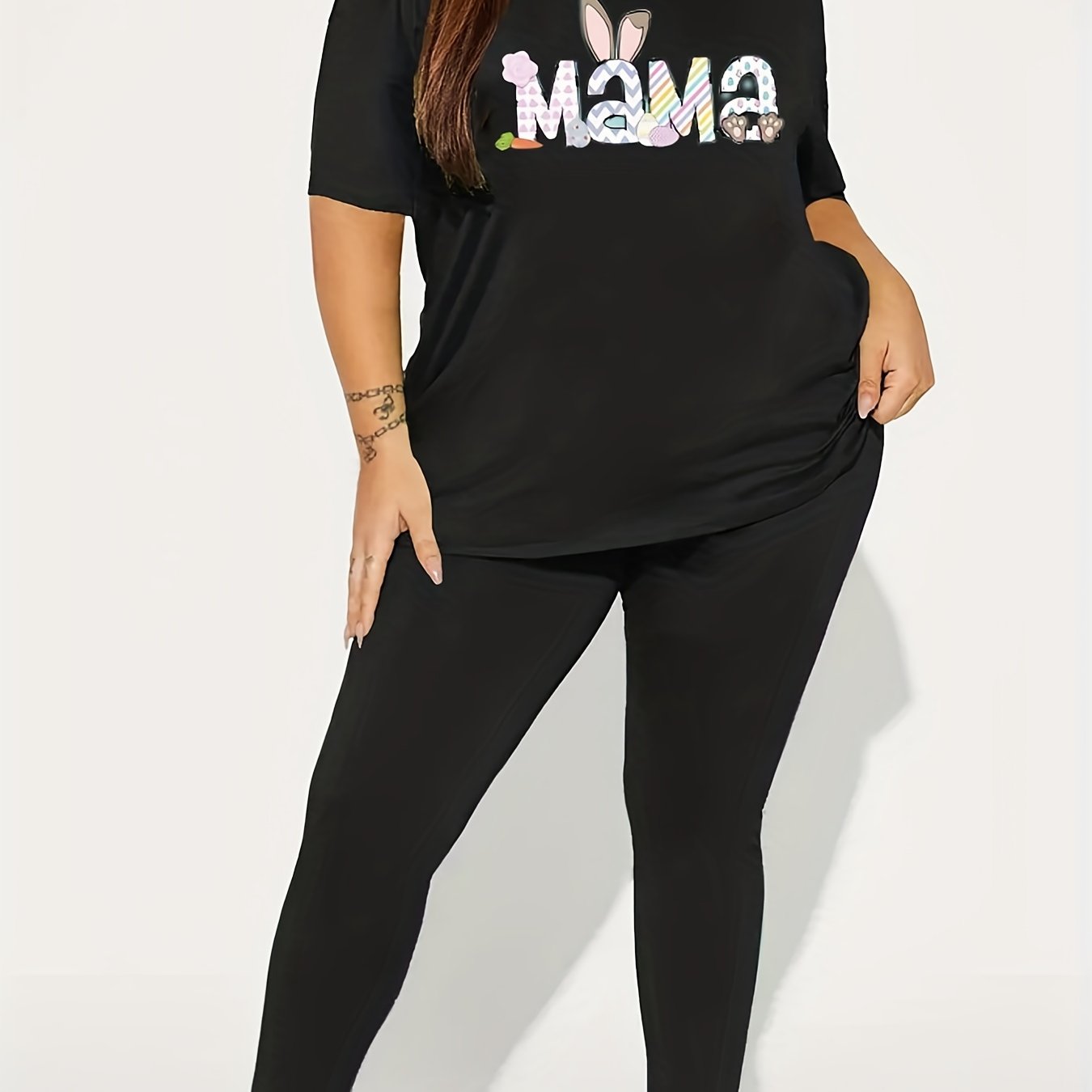 Women's Plus Art Letter & Rabbit Print 2 Piece Set
