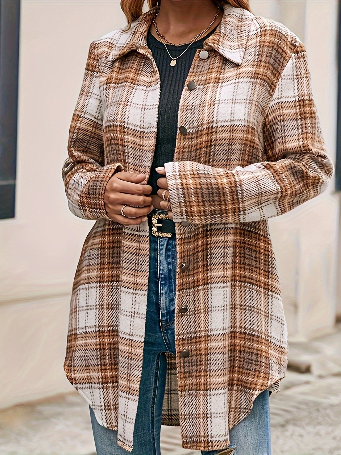  Plaid Button Up Long Sleeve Shacket
