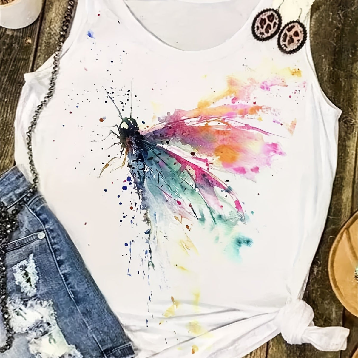 Dragonfly Print Sleeveless Tank Top