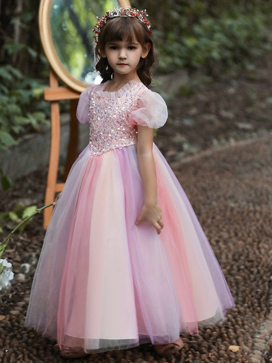 Sequins Princess Dress Puff Sleeves Fit Flare Girls Birthday Show