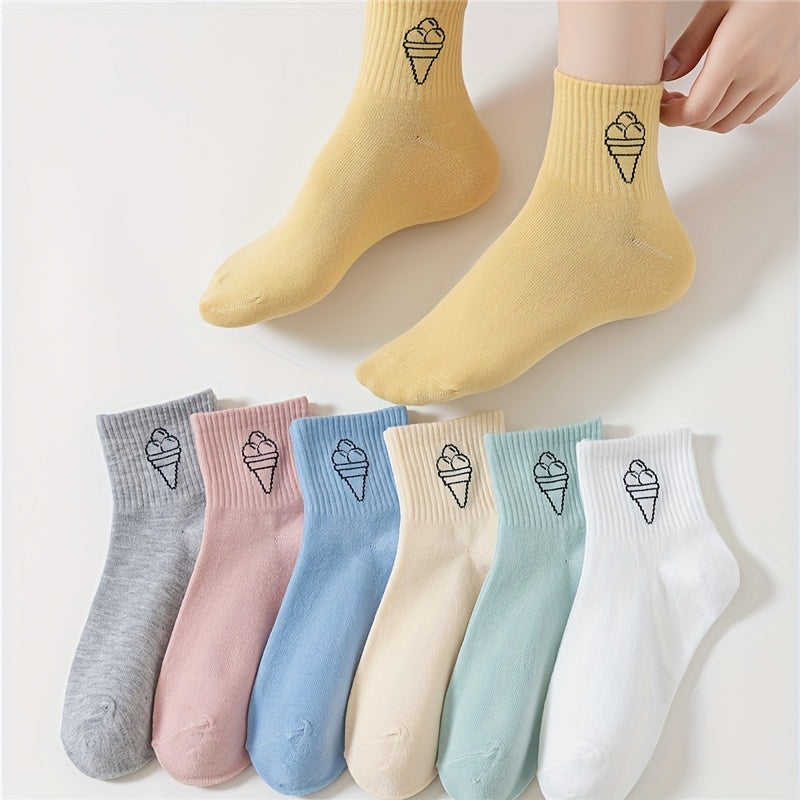 Ice Cream Print Mid Tube Socks, Women's Stockings