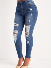 Women's Plus Ripped Skinny Jeans Button Fly Denim Pants
