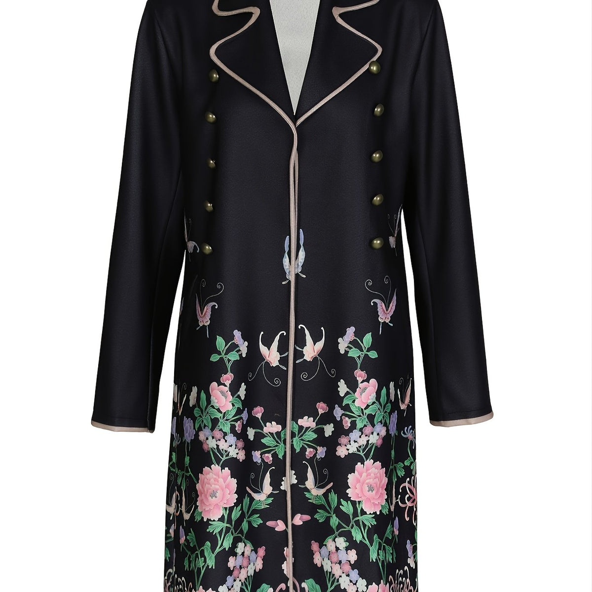 Floral Print Mid Length Coat Lapel Long Sleeve Button Coat