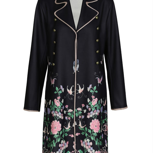 Floral Print Mid Length Coat Lapel Long Sleeve Button Coat
