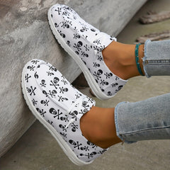 Skull Pattern Flat Loafers Lace Up Canvas Shoes Lightweight Daily Shoes