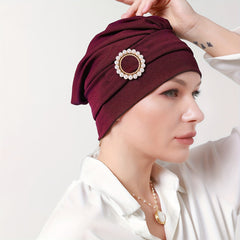 Faux Pearl Decor Turban Caps Solid Hijab Head Scarf Elastic Bonnet Headband