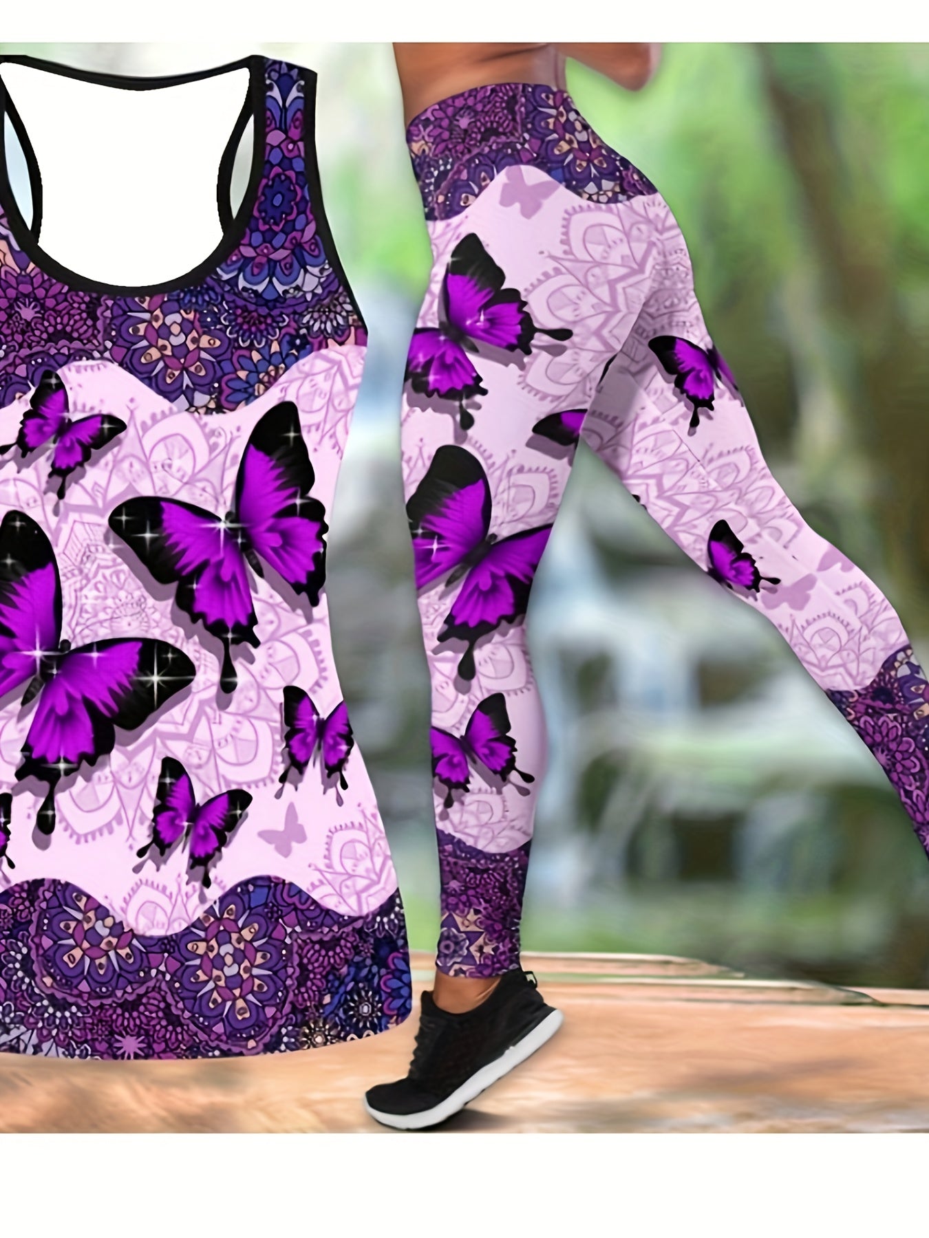  Butterfly Floral Print Tank Top & Leggings Set