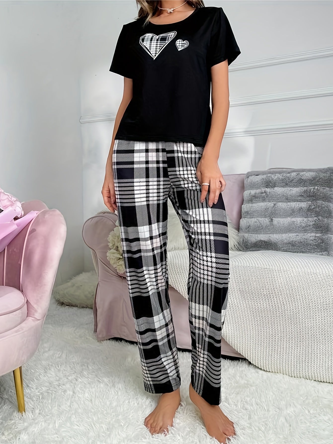 Heart Print Pajama Set & Plaid Pants Women's Sleepwear