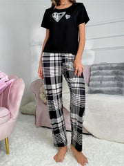 Heart Print Pajama Set & Plaid Pants Women's Sleepwear