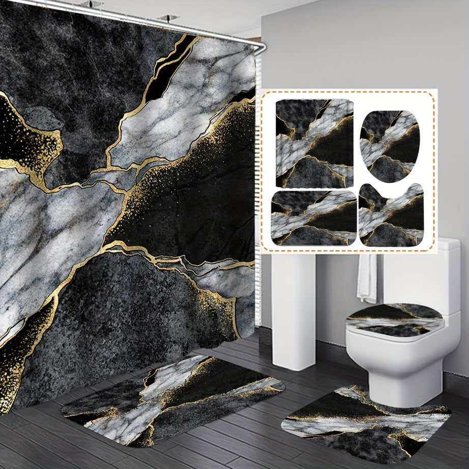 3pcs Marble Pattern Waterproof Shower Curtain & Rugs Set