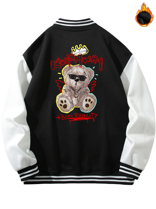 Men's Long Sleeves Pocket Baseball Collar Muppet Bear Print Jacket
