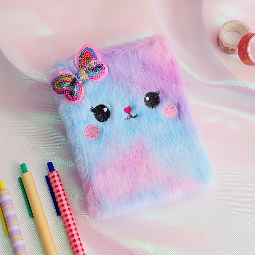 Cartoon Cat Plush Diary Notebook Faux Fur Journal for Teens & Adults