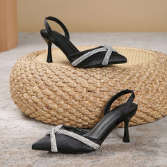 Women's Rhinestone Stiletto Sandals Pointed Toe Mid Heels