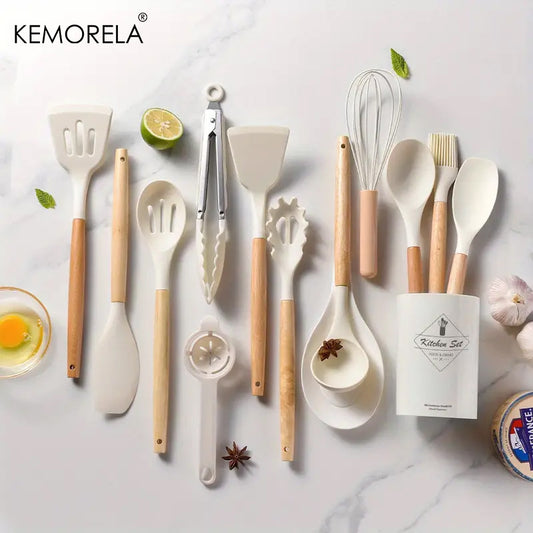 14pcs Silicone Utensil Set with Wooden Handle & Storage Bucket