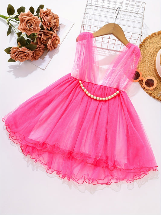Girls Mesh Cover Up Overall Dress With Pearl Chain Decor
