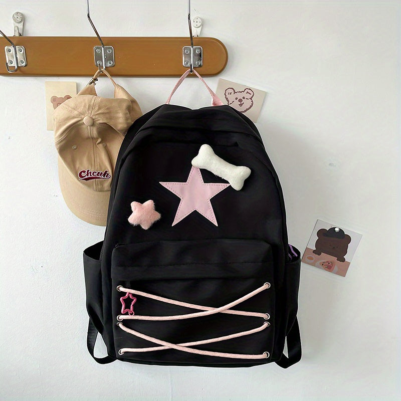 Y2K Star Patch Decor Backpack Skeleton Decor Schoolbag