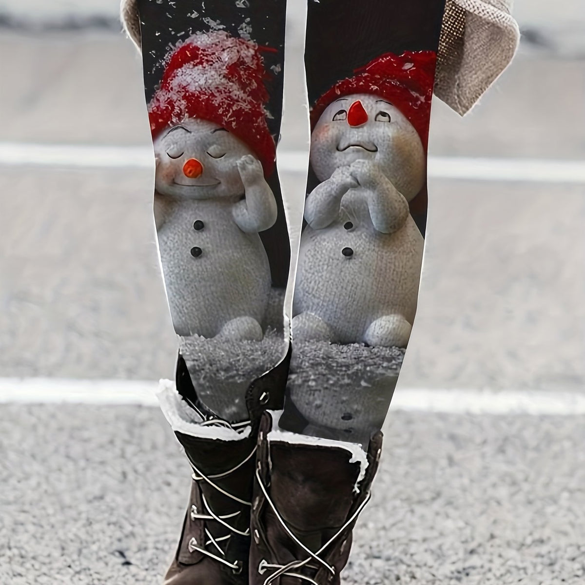 Snowman Print High Waist Leggings for Winter